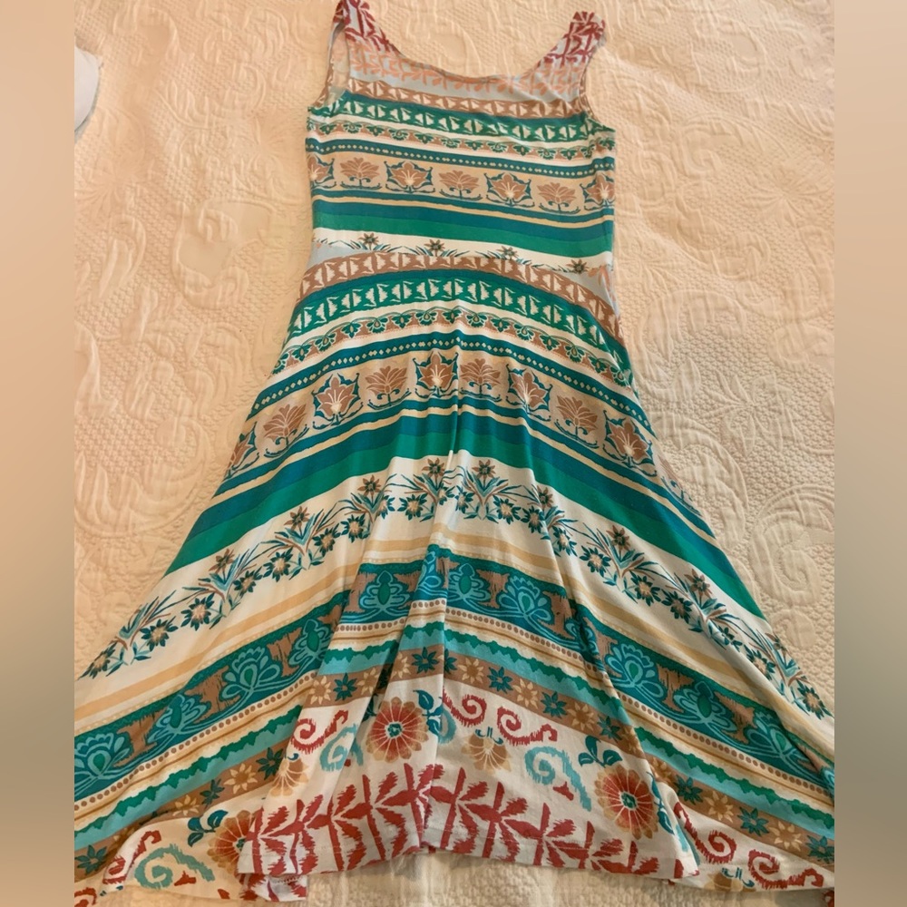 Sleeveless jersey cotton turquoise print dress - Picture 2 of 11